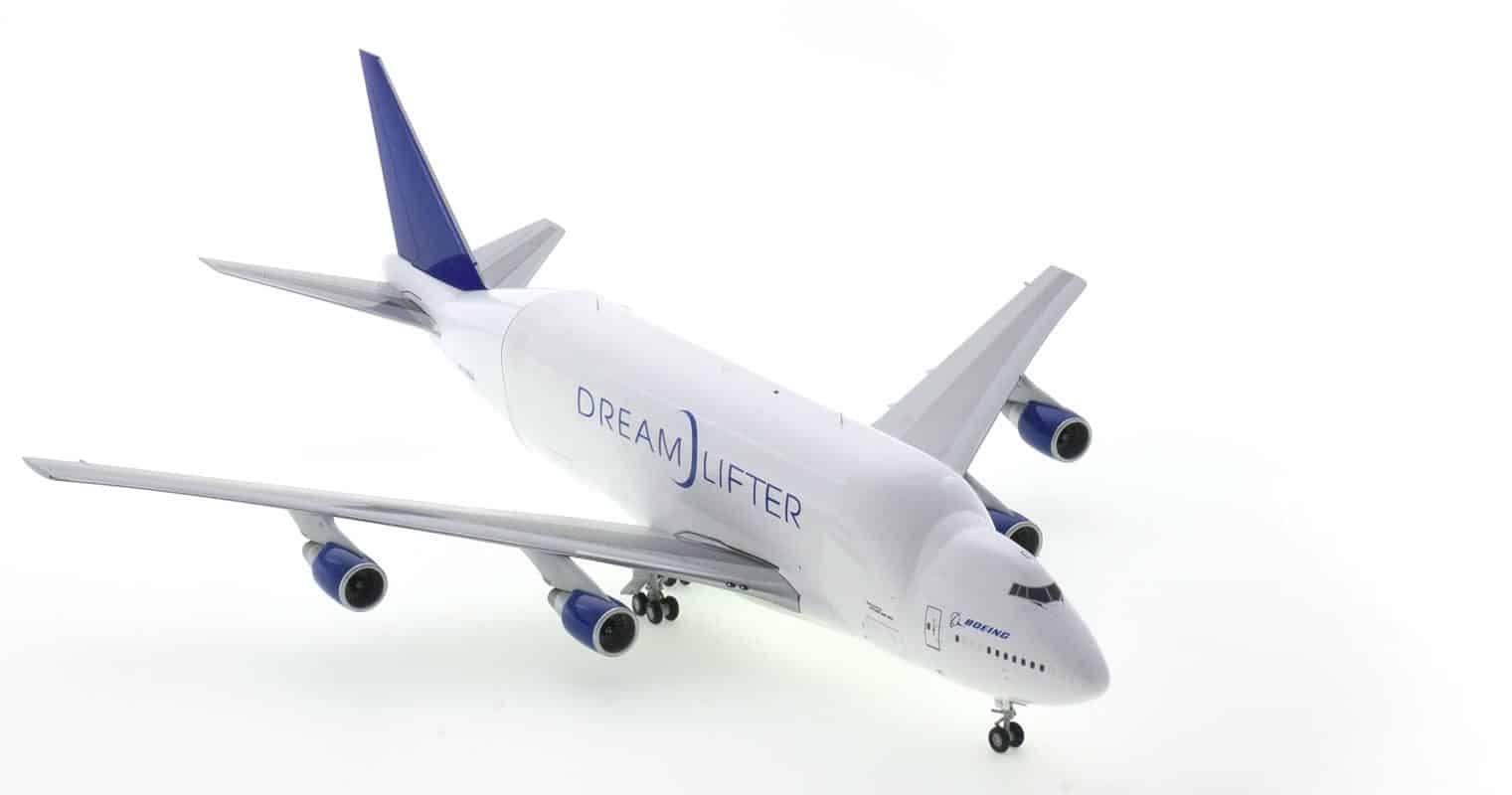 Front starboard side view of Gemini Jets G2BOE1003 - 1/200 scale diecast model of the Boeing 747-47LCF Dreamlifter with opening fuselage, registration N718BA, in Boeing livery