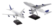 View of model on display stand, Gemini Jets G2BOE1003 - 1/200 scale diecast model of the Boeing 747-47LCF Dreamlifter with opening fuselage, registration N718BA, in Boeing livery