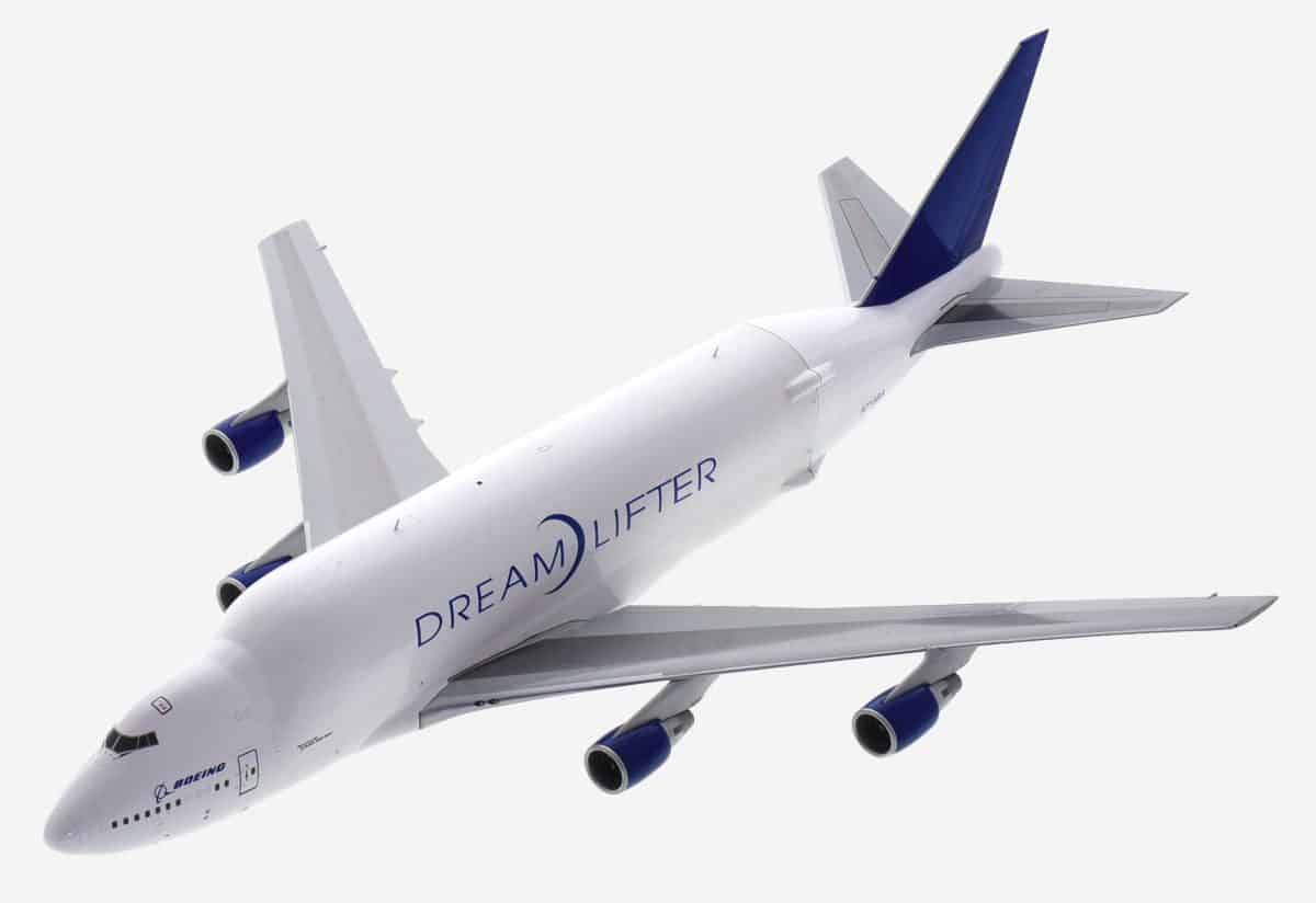 Top view of Gemini Jets G2BOE1003 - 1/200 scale diecast model of the Boeing 747-47LCF Dreamlifter with opening fuselage, registration N718BA, in Boeing livery
