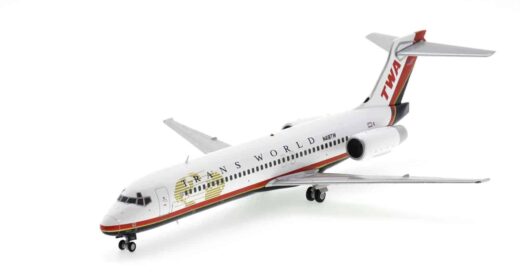 Front port side view of Gemini Jets GJQFA1877 - 1/200 scale diecast model Boeing 717-200, registration N418TW in TWA livery.