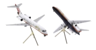 View of model on display stand Gemini Jets GJQFA1877 - 1/200 scale diecast model Boeing 717-200, registration N418TW in TWA livery.