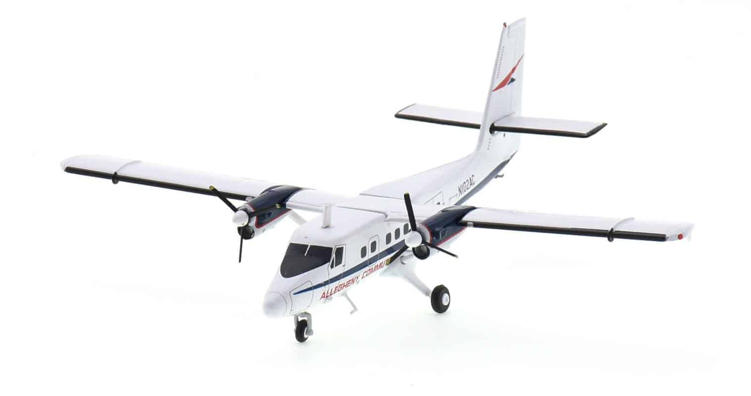 Front port side view of Gemini Jets G2USA1033 - 1/200 scale diecast model de Havilland Canada DHC-6-300 Twin Otter, registration N102AC in Allegheny Commuter livery, circa the early 1970s.