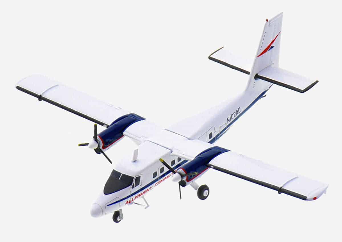 Top view of Gemini Jets G2USA1033 - 1/200 scale diecast model de Havilland Canada DHC-6-300 Twin Otter, registration N102AC in Allegheny Commuter livery, circa the early 1970s.