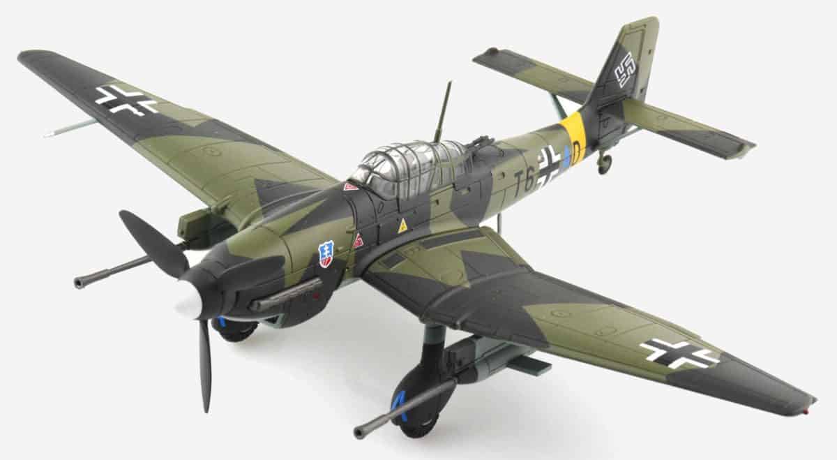 Front port side view of Hobby Master HA0132 - 1/72 scale diecast model of  the Ju 87 G-1 Stuka Geschwaderkennung T6+AD. Flown by Hans Rudel of Stab/StG 2, Luftwaffe, Eastern Front.