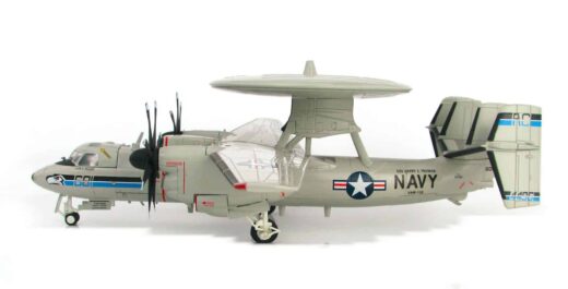 Port side view of Hobby Master HA4811 - 1/72 scale diecast model Northrop Grumman E-2C Hawkeye of s/n 164496, tail code AE/601. In the colour scheme of Carrier Airborne Early Warning Squadron 126 (VAW-126) 