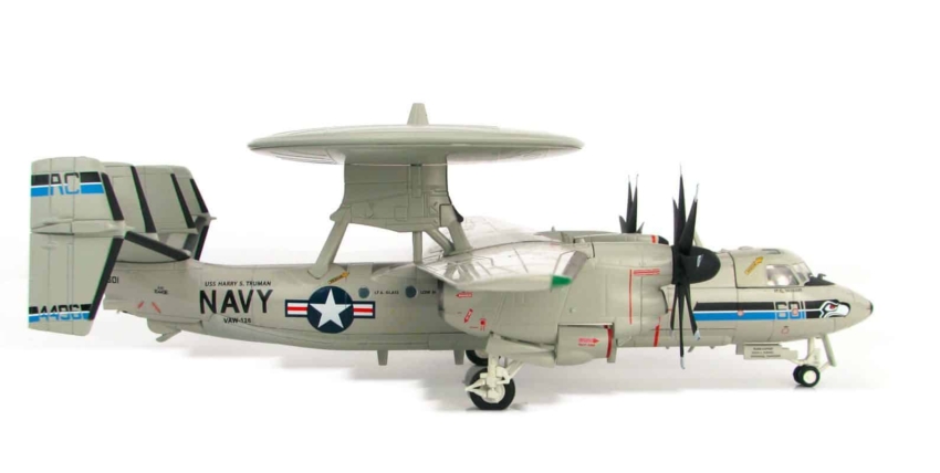 Starboard side view of Hobby Master HA4811 - 1/72 scale diecast model Northrop Grumman E-2C Hawkeye of s/n 164496, tail code AE/601. In the colour scheme of Carrier Airborne Early Warning Squadron 126 (VAW-126) "Seahawks", Carrier Air Wing 3 (CVW-3), US Navy deployed aboard the USS Harry S. Truman (CVN-75), May 2011