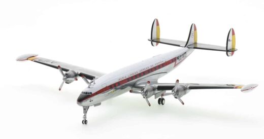 Front port side view of Herpa Wings HE571395 - 1/200 scale diecast model Lockheed L-1049G Super Constellation registration EC-AIO in Iberia Líneas Aéreas de España livery, circa the 1960s.