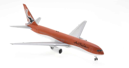 Front starboard side view of Inflight200 IF763AO122 - 1/200 scale diecast model of the Boeing 767-300ER, registration VH-OGJ in Australian Airlines livery, circa the early 2000s.
