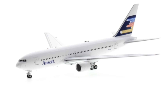 Front port side view of Inflight200 IF762AN0122 - 1/200 scale diecast model Boeing 767-200, registration VH-RMD in Ansett Airlines "Southern Cross" livery, circa the 1980s.