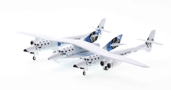 Front port side view of JC Wings VG2002 - 1/200 scale diecast model Virgin Galactic SpaceShip of White Knight Two SpaceShipTwo in the new Virgin Galactic livery