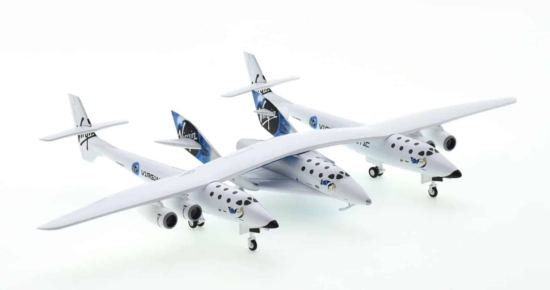 Front starboard side view of JC Wings VG2002 - 1/200 scale diecast model Virgin Galactic SpaceShip of White Knight Two SpaceShipTwo in the new Virgin Galactic livery