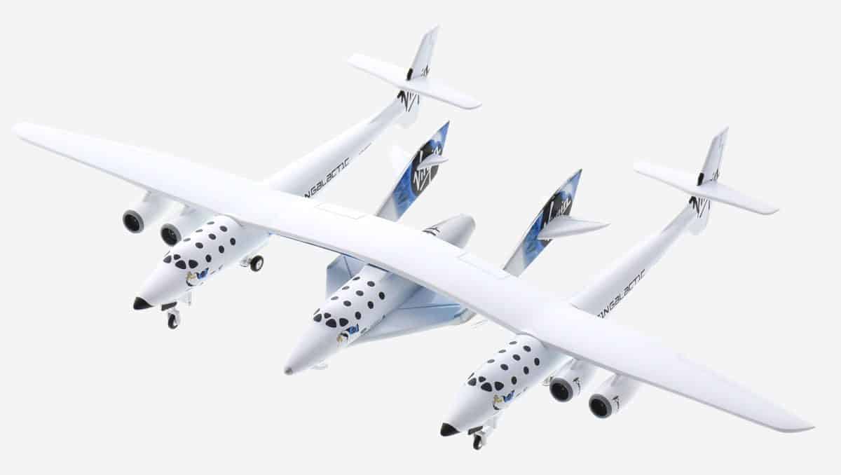 Top view of Western Models VG2002 - 1/200 scale diecast model Virgin Galactic SpaceShip of White Knight Two SpaceShipTwo in the new Virgin Galactic livery