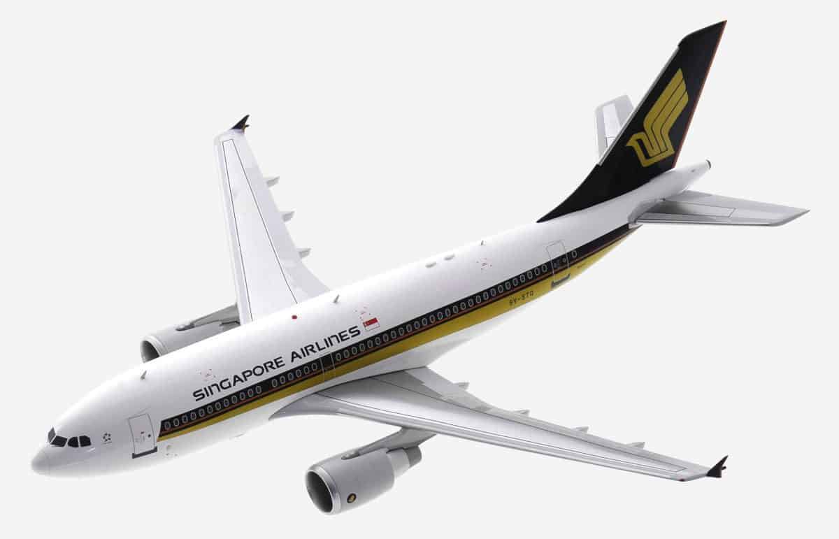 top view of WB Models WB-A310-002 - Airbus A310-300 1/200 scale diecast model, registration 9V-STQ in Singapore Airlines livery.