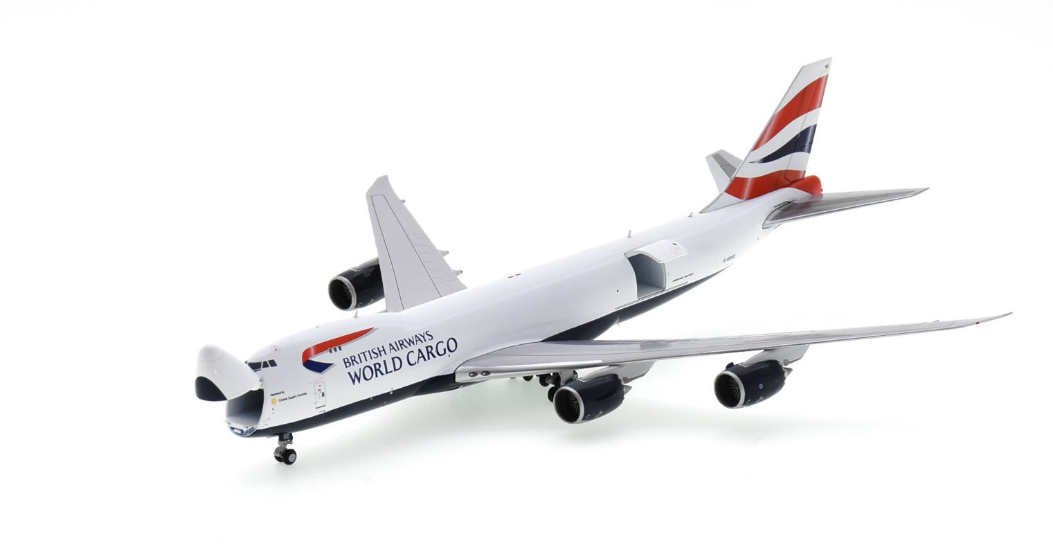 front port side view of JC Wings EW4748008 - 1/400 scale diecast model of the Boeing 747-8F, registration G-GSSE in British Airways World Cargo livery.