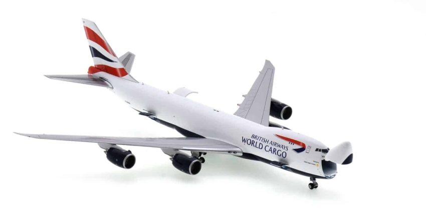 Front starboard side view of JC Wings EW4748008 - 1/400 scale diecast model of the Boeing 747-8F, registration G-GSSE in British Airways World Cargo livery.