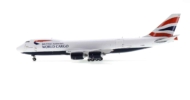 Port side view of JC Wings EW4748008 - 1/400 scale diecast model of the Boeing 747-8F, registration G-GSSE in British Airways World Cargo livery.