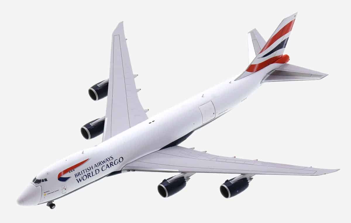 Top view of JC Wings EW4748008 - 1/400 scale diecast model of the Boeing 747-8F, registration G-GSSE in British Airways World Cargo livery.
