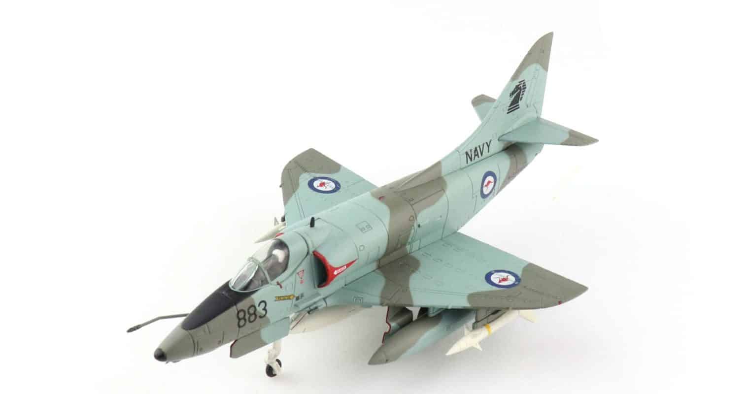Front port side view of Hobby Master HA1430 - 1/72 scale diecast model of the Douglas A-4G Skyhawk of serial number N13-154904, buzz number 883, VF-805, RAN while aboard HMAS Melbourne, 1980.