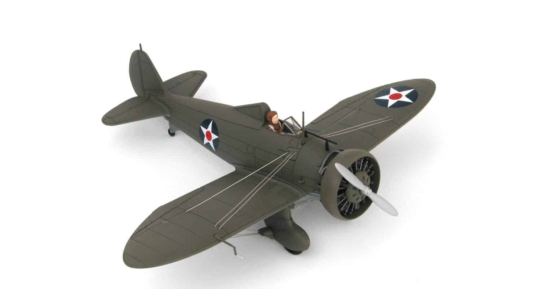 Front starboard side view of Hobby Master HA7508 - 1/48 scale diecast model of the Boeing P-26A Peashooter, USAAC, stationed at Wheeler Army Airfield Honolulu on the Island of O'ahu, Hawaii, December 1941.