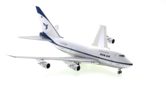 Front starboard side view of the 1/200 scale diecast model Boeing 747 SP, registration EP-IAC in Iran Air livery, named "Fars", circa the late 1970s - Inflight200 IF747SPIR0821P