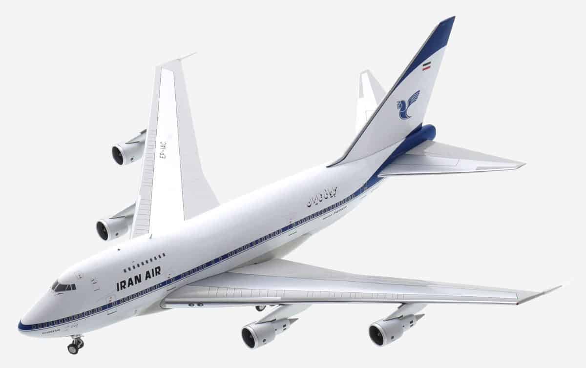Top view of the 1/200 scale diecast model Boeing 747 SP, registration EP-IAC in Iran Air livery, named "Fars", circa the late 1970s - Inflight200 IF747SPIR0821P 