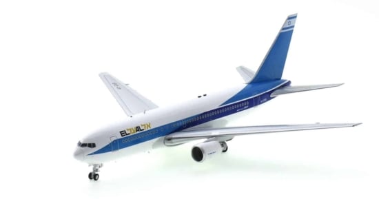 Front port side view of Inflight200 IF762LY0122 - 1/200 scale diecast model Boeing 767-200ER, registration 4X-EAB in El Al Israel Airlines livery, circa 1990.