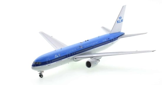Front port side view of Inflight200 IF763KL0621 - 1/200 scale diecast model of the Boeing 767-300ER, registration PH-BZF named "Golden Gate Bridge" in KLM Royal Dutch Airlines livery, circa the late 1990s.