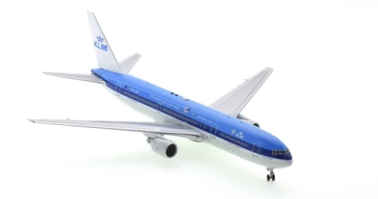 Front starboard side view of Inflight200 IF763KL0621 - 1/200 scale diecast model of the Boeing 767-300ER, registration PH-BZF named "Golden Gate Bridge" in KLM Royal Dutch Airlines livery, circa the late 1990s.