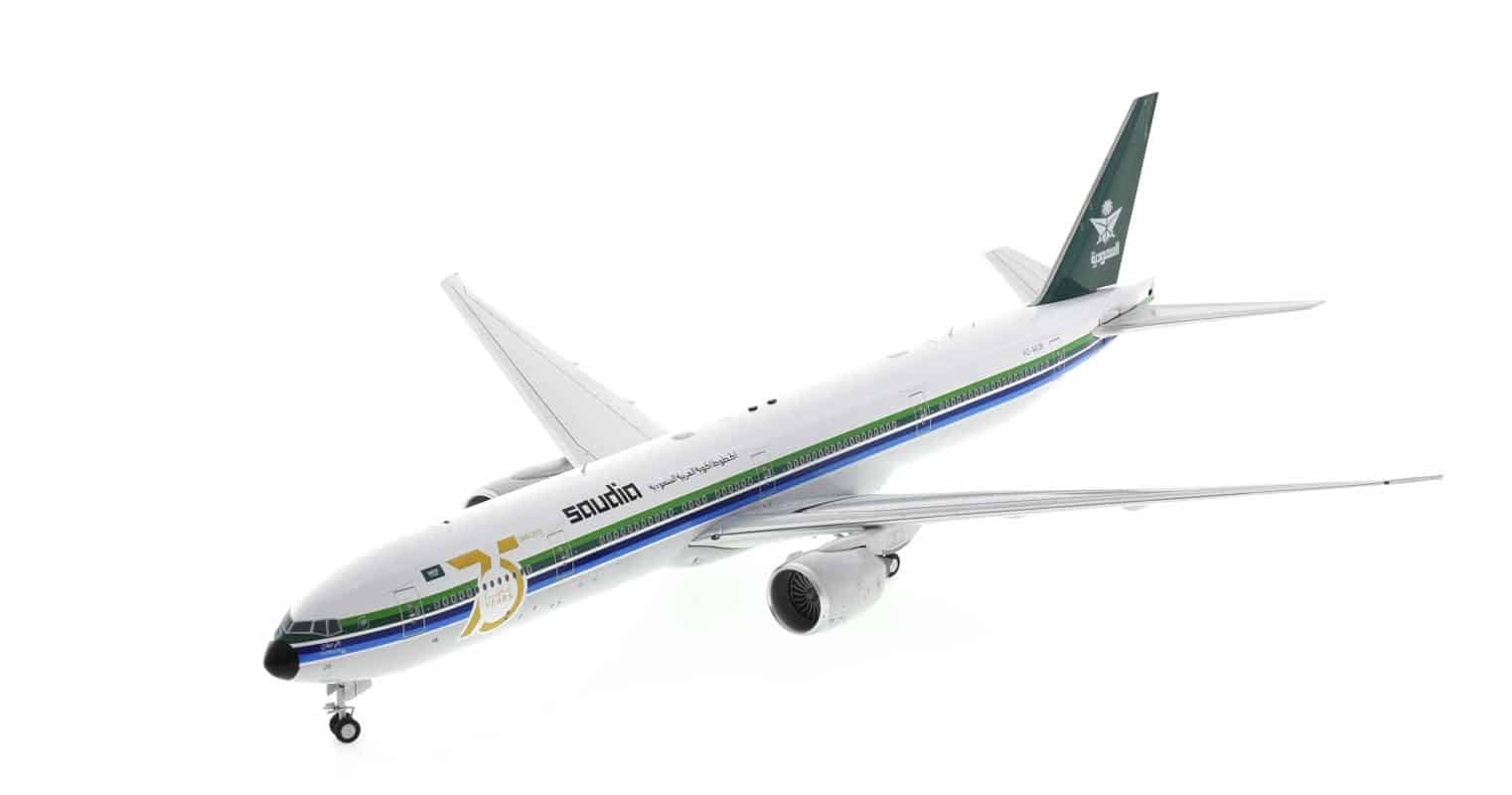Front port side view of Inflight200 IF773SV1121 -  1/200 scale diecast model Boeing 777-300ER of registration HZ-AK28 in Saudia 