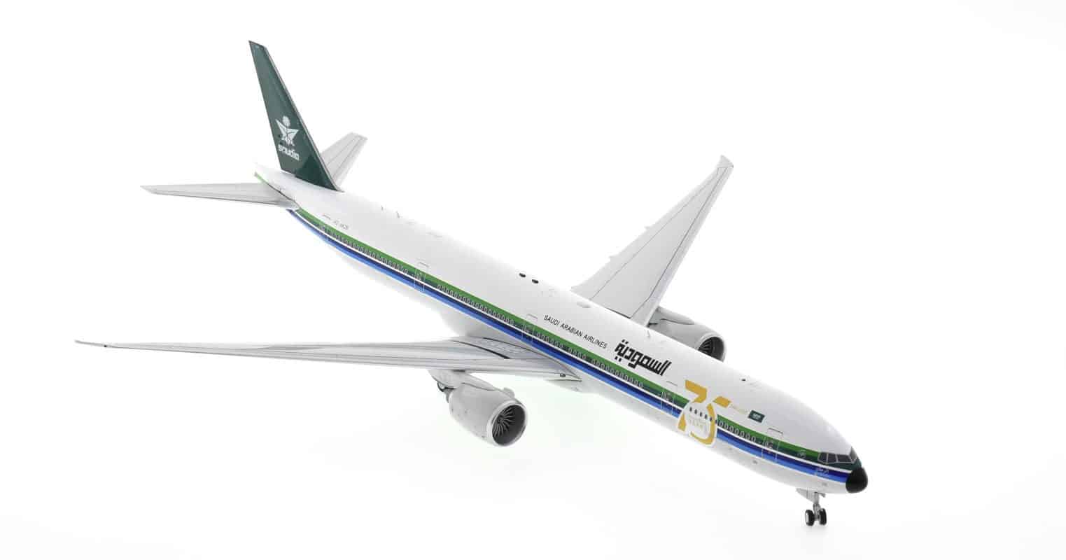 Front starboard side view of Inflight200 IF773SV1121 -  1/200 scale diecast model Boeing 777-300ER of registration HZ-AK28 in Saudia 