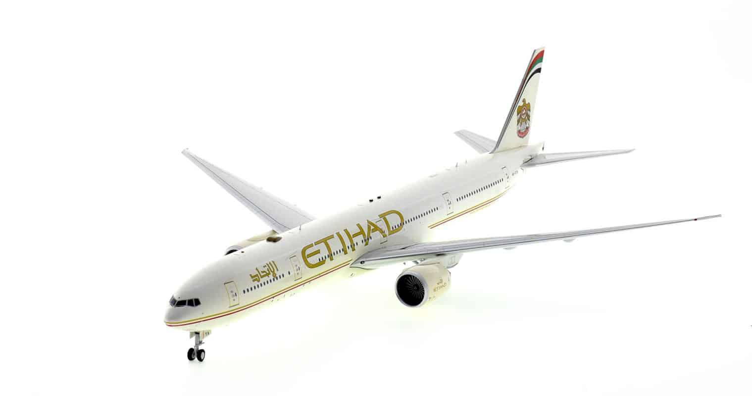 Front port side view of Inflight200 IF777EY1021 -  1/200 scale diecast model Boeing 777-300ER of registration A6-ETA in Etihad Airway's original livery, circa the early 2010s.