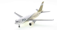 Front port side view of JC Wings JC2PIA0002 / XX20002 - Airbus A310-300 1/200 scale diecast model, registration AP-BEG named "Gilgit - The Silk Route" in Pakistan International Airlines (PIA) " Frontier Province Tails" livery.