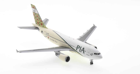 Front starboard side view of JC Wings JC2PIA0002 / XX20002 - Airbus A310-300 1/200 scale diecast model, registration AP-BEG named "Gilgit - The Silk Route" in Pakistan International Airlines (PIA) " Frontier Province Tails" livery.