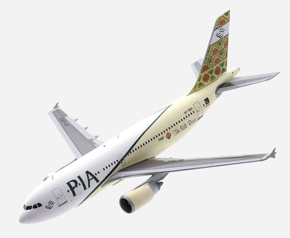 Top view of JC Wings JC2PIA0002 / XX20002 - Airbus A310-300 1/200 scale diecast model, registration AP-BEG named "Gilgit - The Silk Route" in Pakistan International Airlines (PIA) " Frontier Province Tails" livery.