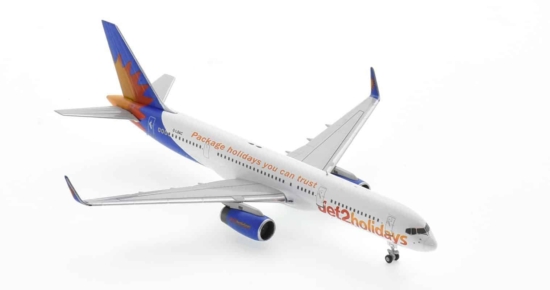 Front starboard side view of NG Models NG53182 - 1/200 scale diecast model of the Boeing 757-200 registration G-LSAC of Jet2.com in Jet2holidays livery.