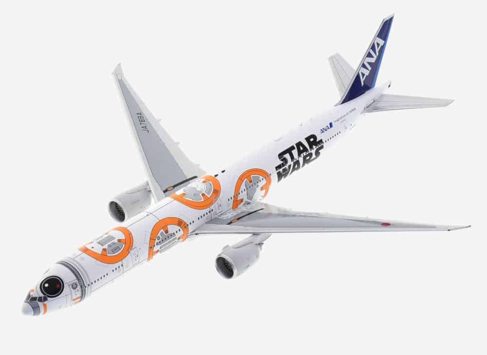 Top View of WB Models WB2010 -  1/200 scale diecast model Boeing 777-300ER of registration JA789A of All Nippon Airways (ANA) in "Star Wars BB-8" livery.