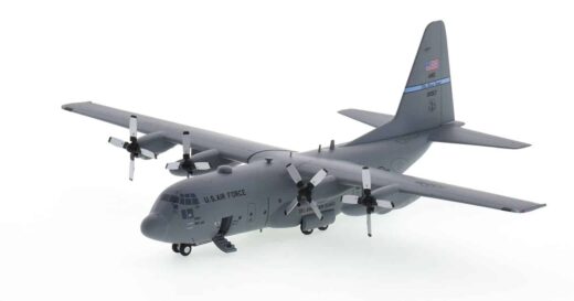 Front port side view of Gemini Jets G2AFO1064 - 1/200 scale diecast model Lockheed C-130H  Hercules s/n 90-1057 of 142nd Airlift Squadron (142nd AS), Delaware Air National Guard (DE ANG).