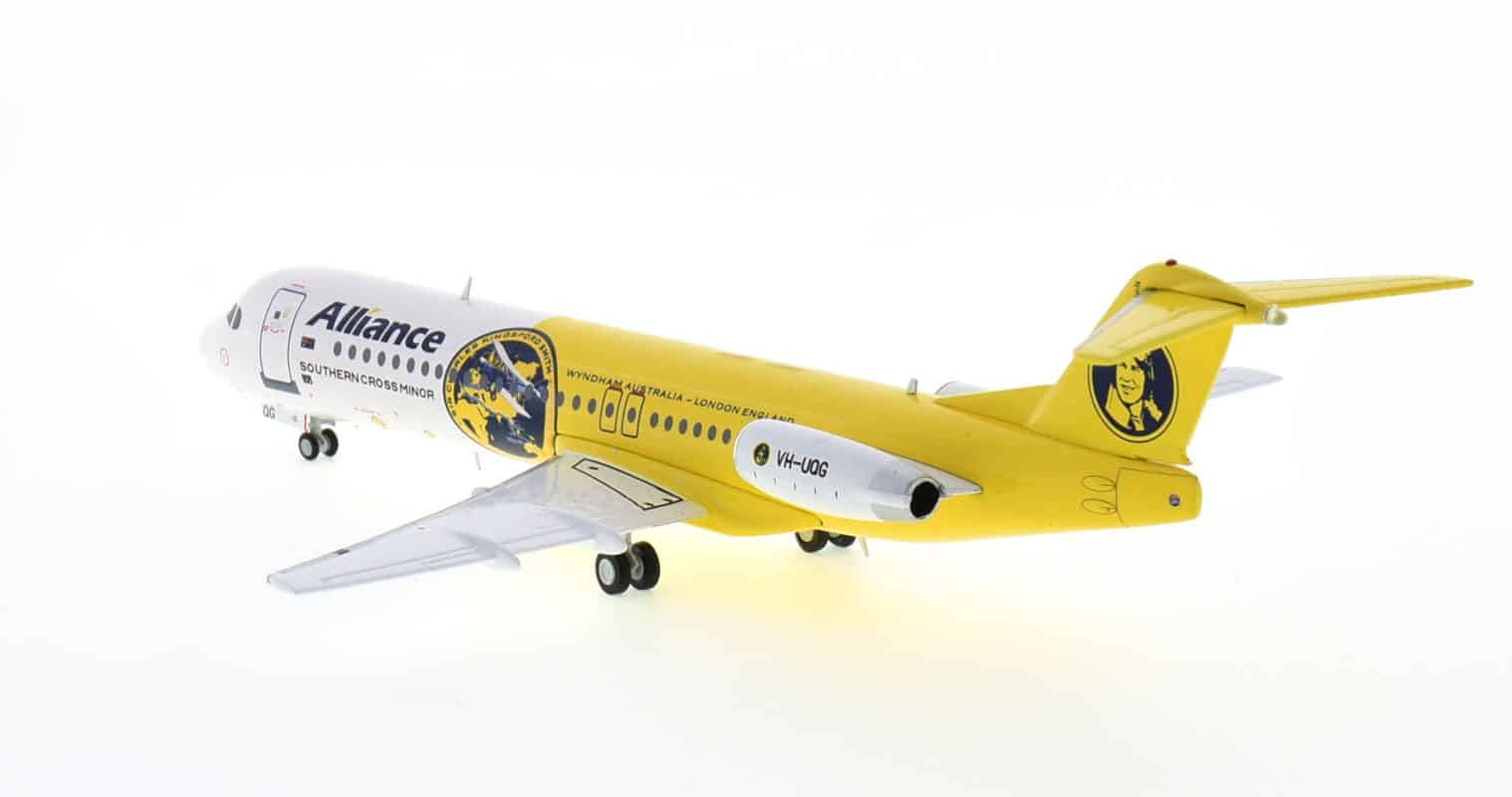 Rear view of Gemini Jets G2UTY987 - 1/200 scale diecast model of the Fokker 100, registration VH-UQG in Alliance Airlines 