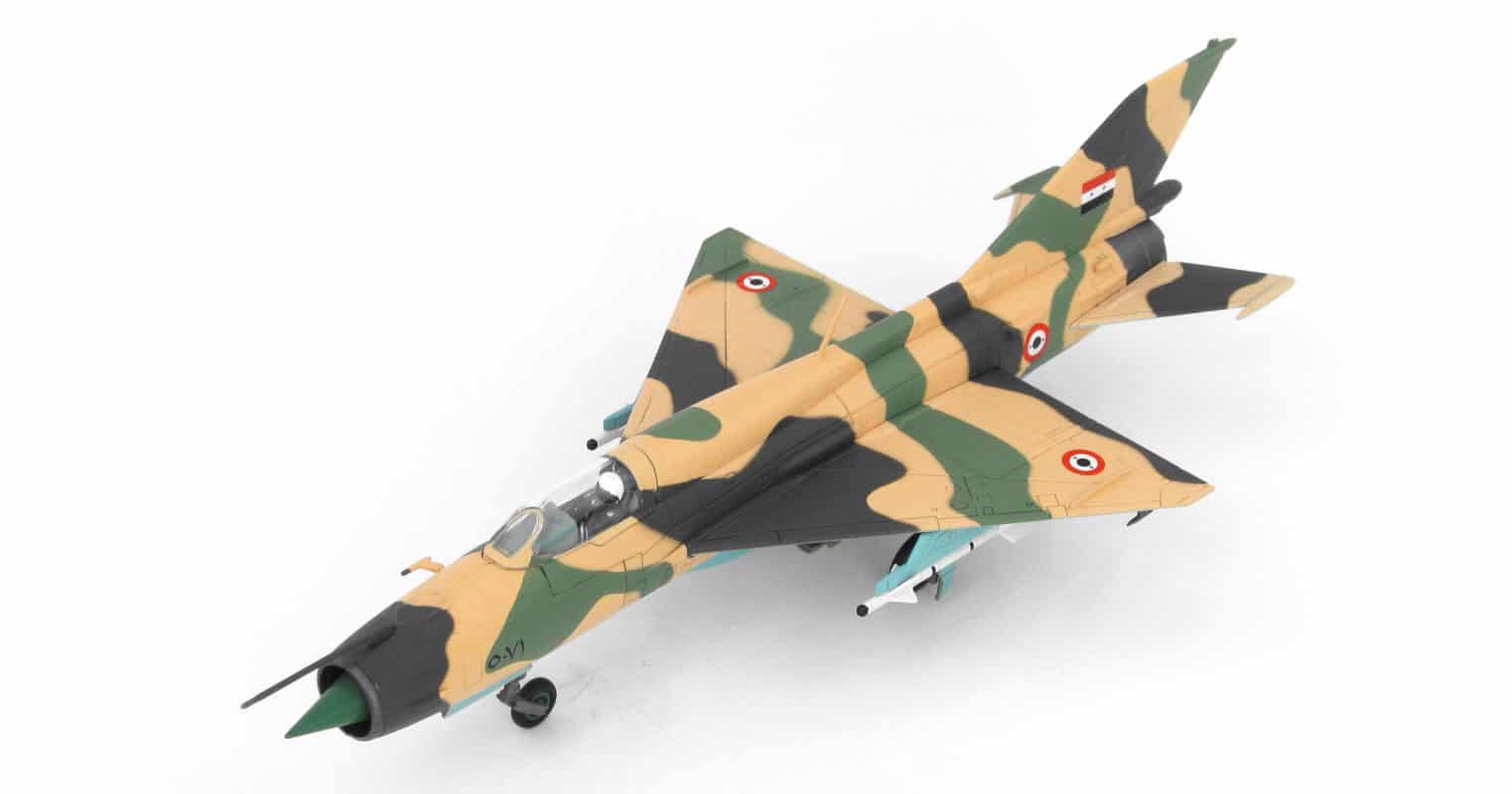 Front port side view of Hobby Master HA0190 - 1/72 scale diecast model Mikoyan-Gurevich MiG-21FL (NATO reporting name: Fishbed-D) s/n 5081 of the United Arab Republic Air Force (Egyptian AF), 1967 during the Six-Day War.