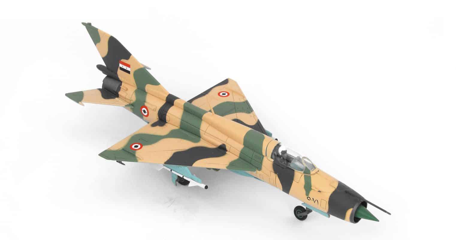 Front starboard side view of Hobby Master HA0190 - 1/72 scale diecast model Mikoyan-Gurevich MiG-21FL (NATO reporting name: Fishbed-D) s/n 5081 of the United Arab Republic Air Force (Egyptian AF), 1967 during the Six-Day War.