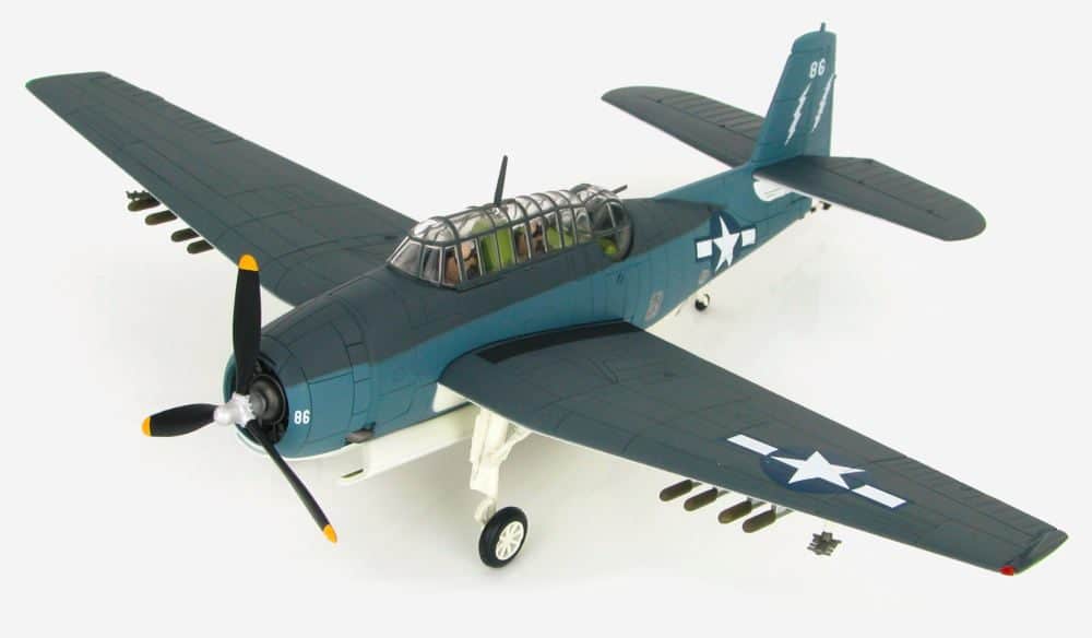 Front port side view of Hobby Master HA1219 - 1/72 scale diecast model Grumman TBM-3 Avenger aircraft code " White 88" of VC-88 while aboard the USS Saginaw Bay (CVE-82), March 1945.