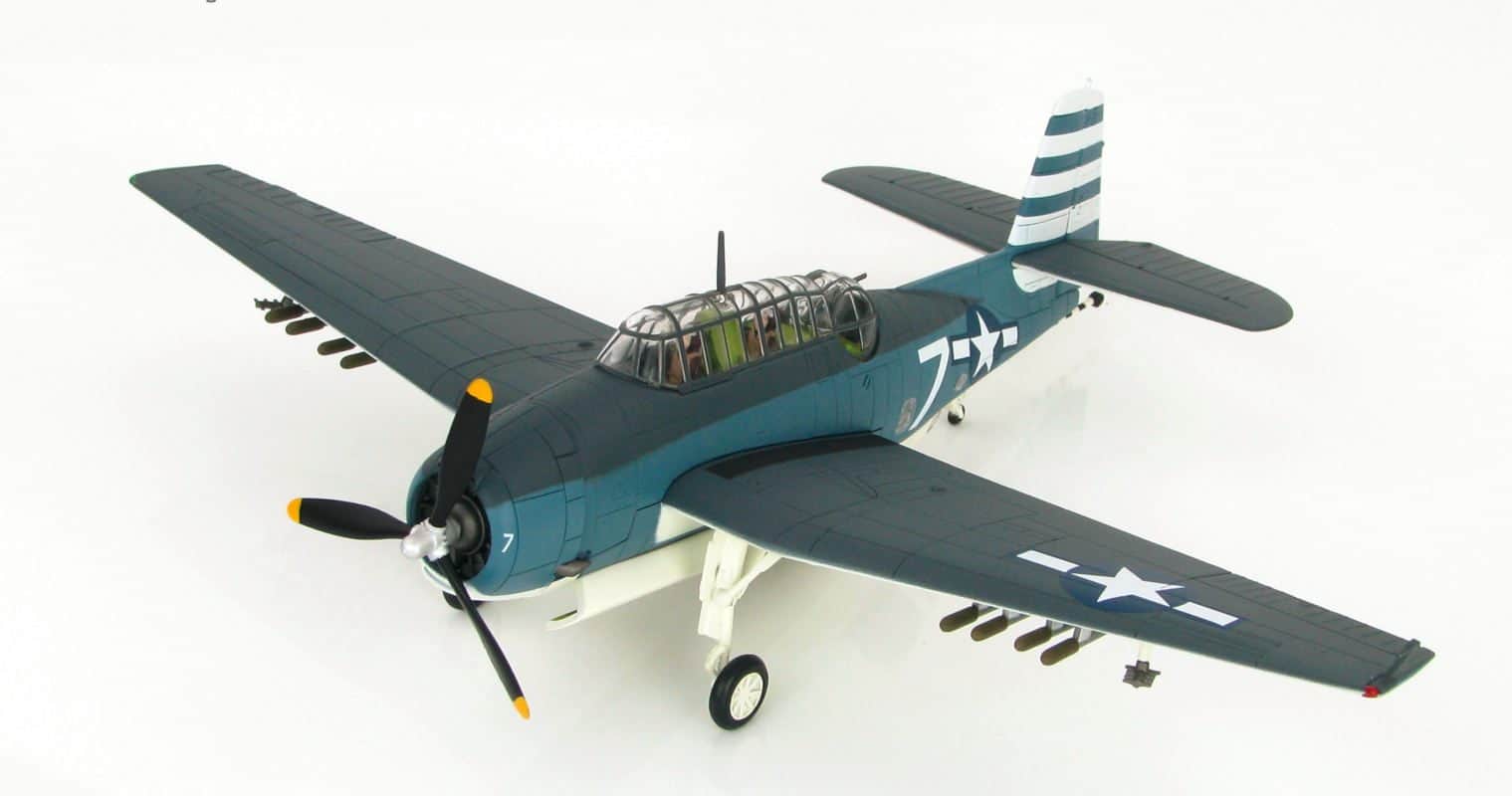 Front port side view of Hobby Master HA1220 - 1/72 scale diecast model Grumman TBM-3 Avenger aircraft code 