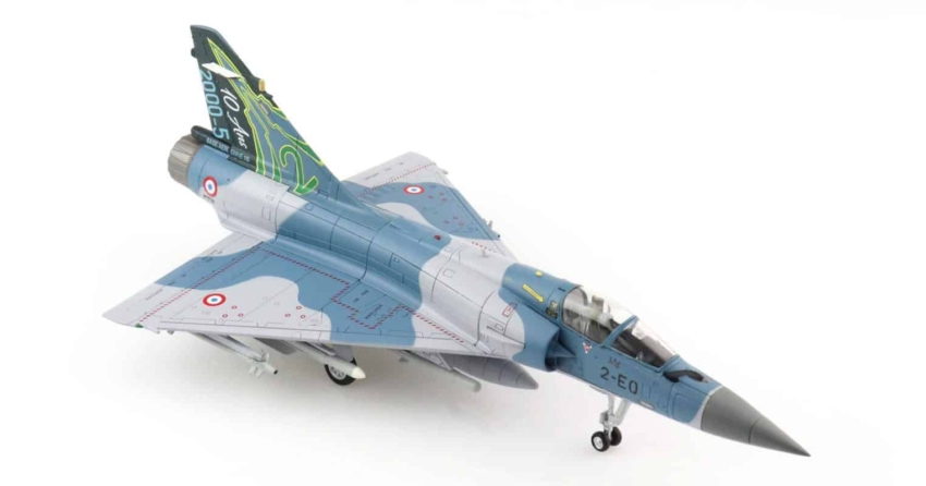 Front starboard side view of Hobby Master HA1617 - 1/72 scale diecast model Dassault Mirage 2000-5F s/n 2-EQ. Of Escadrille SPA103 Cigogne de Fonck, EC 1/2 Cigognes, Armee de l'Air (French Air Force),  "10th-Anniversary" tail scheme.