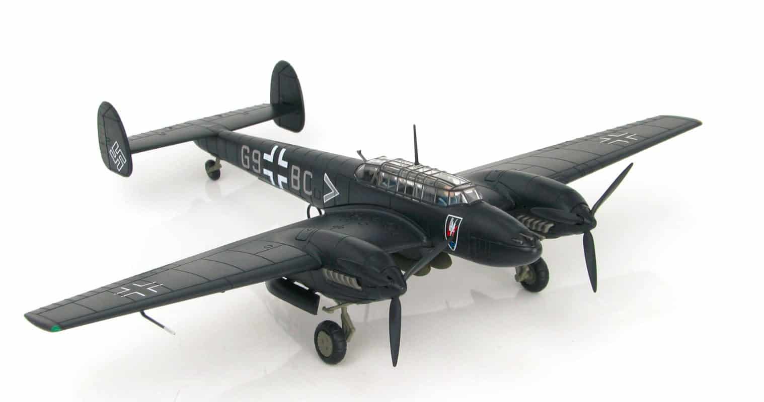 Front starboard side view of Hobby Master HA1814 - 1/72 scale diecast model Messerschmitt Bf 110E-2 with Geschwaderkennung G9+BC,  Pilot Oblt. Uellenbeck of II./N.JG 1 stationed in St Trond, France during 