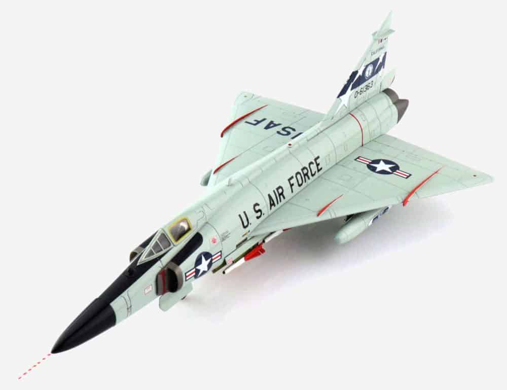 Front port side view of Hobby Master HA3114 - 1/72 scale diecast model of the Convair F-102A Delta Dagger, s/n 0-61363 of the 196th FIS 163rd FIG, CA ANG, circa the early 1970s.