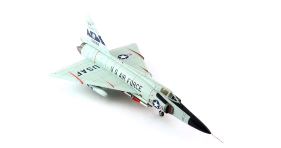 Front starboard side view of Hobby Master HA3115 - 1/72 scale diecast model of the Convair F-102A Delta Dagger, s/n 0-61363 of the 196th FIS 163rd FIG, CA ANG, circa the early 1970s.