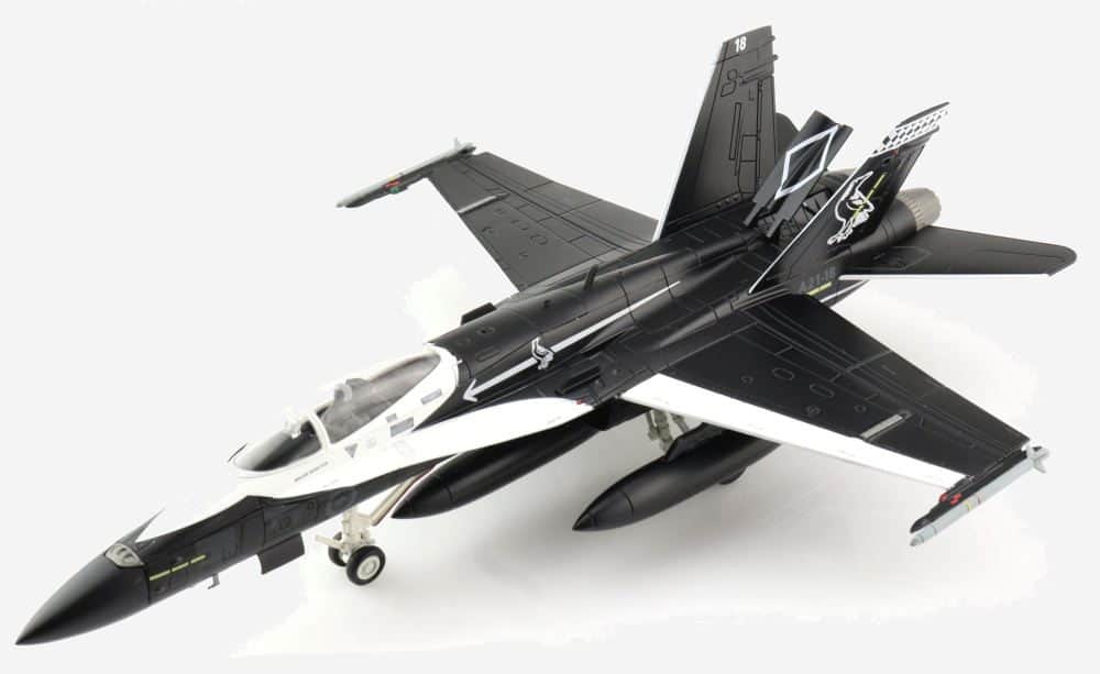 Front port side view of Hobby Master HA3561 - McDonnell Douglas F/A-18A Hornet 1/72 scale diecast model of s/n A21-18, No. 75 Sqn RAAF in an Australian Magpie black-and-white commemorative livery, 2021.