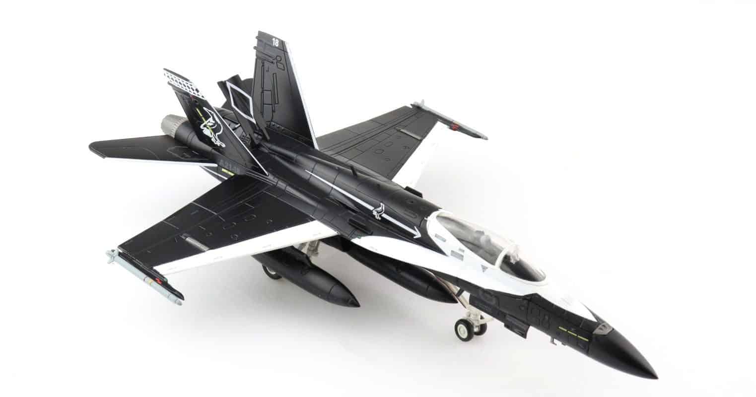 Front starboard side view of Hobby Master HA3561 - McDonnell Douglas F/A-18A Hornet 1/72 scale diecast model of s/n A21-18, No. 75 Sqn RAAF in an Australian Magpie black-and-white commemorative livery, 2021.