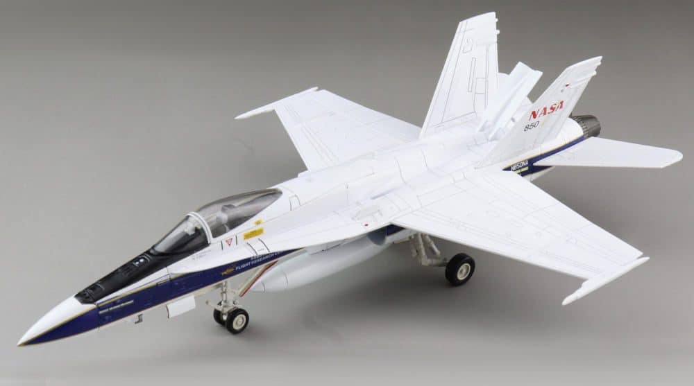 Front port side view of Hobby Master HA3563 - 1/72 scale diecast model McDonnell Douglas F/A-18C Hornet, BuNo 161703, Registration N850NA in National Aeronautics and Space Administration (NASA) Colour Scheme, California, 2005.