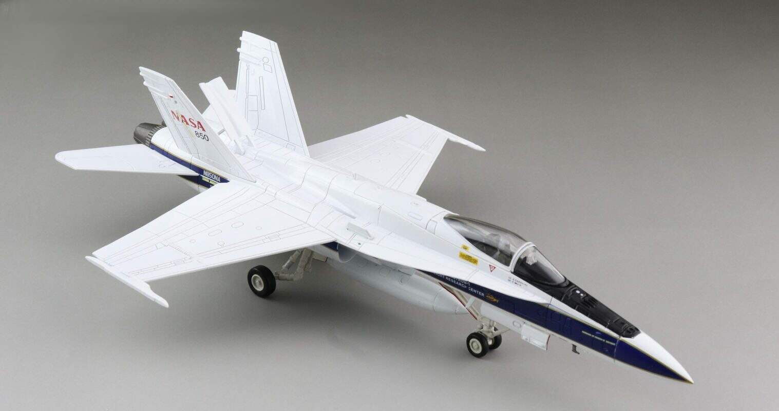 Front starboard side view of Hobby Master HA3563 - 1/72 scale diecast model McDonnell Douglas F/A-18C Hornet, BuNo 161703, Registration N850NA in National Aeronautics and Space Administration (NASA) Colour Scheme, California, 2005.